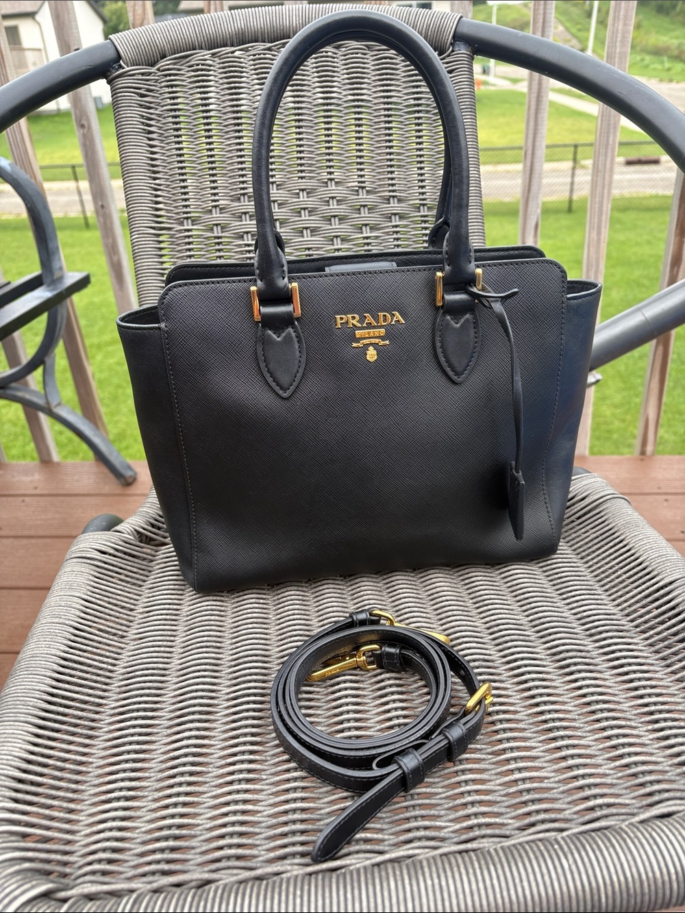 Prada Black Saffiano Leather Satchel Crossbody Bag Gold Hardware